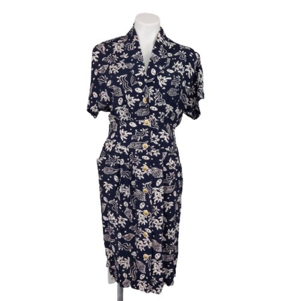 Vintage Leslie Fay Collections Vacation Beach Theme Button Down Dress